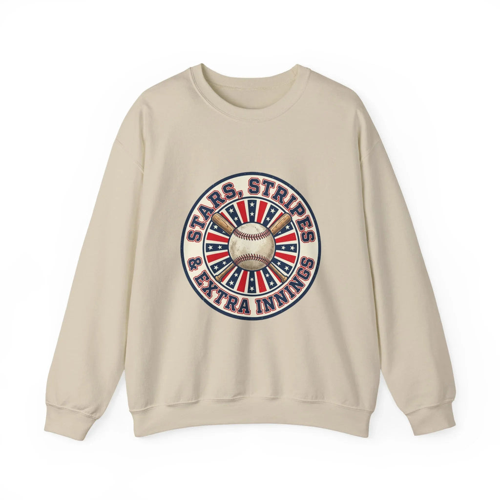 Stars & Stripes Baseball Crewneck Sweatshirt | Vintage patriotic baseball graphic, red white blue Printify