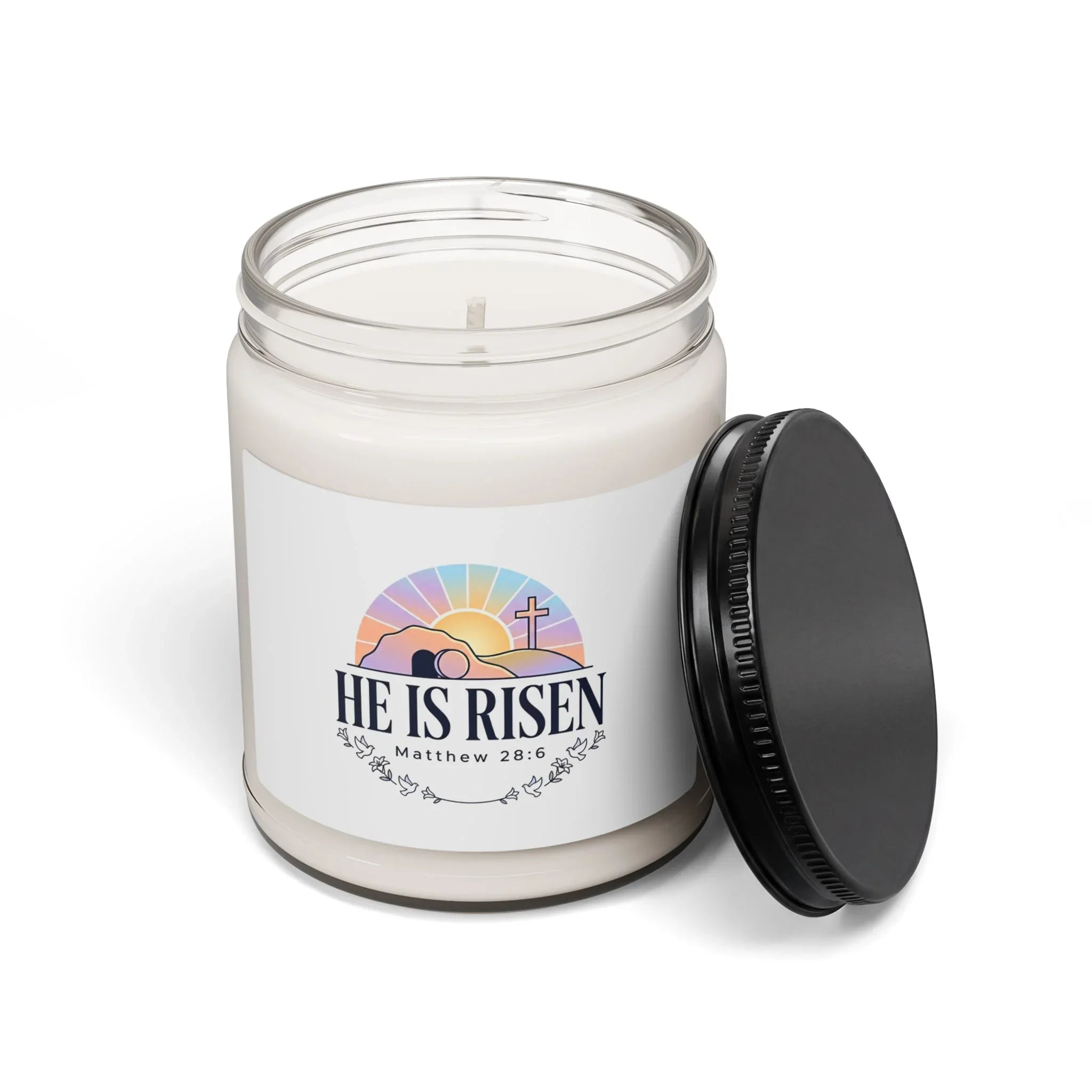 He Is Risen Soy Candle, 9oz | Christian Easter, Resurrection Scripture Printify