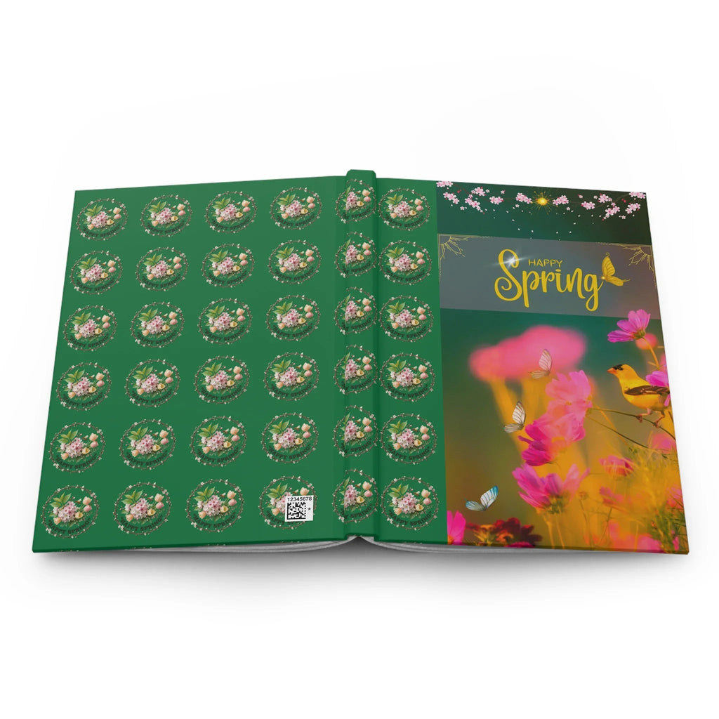 Happy Spring floral birds Hardcover Journal | spring flowers, butterflies, green cover Printify