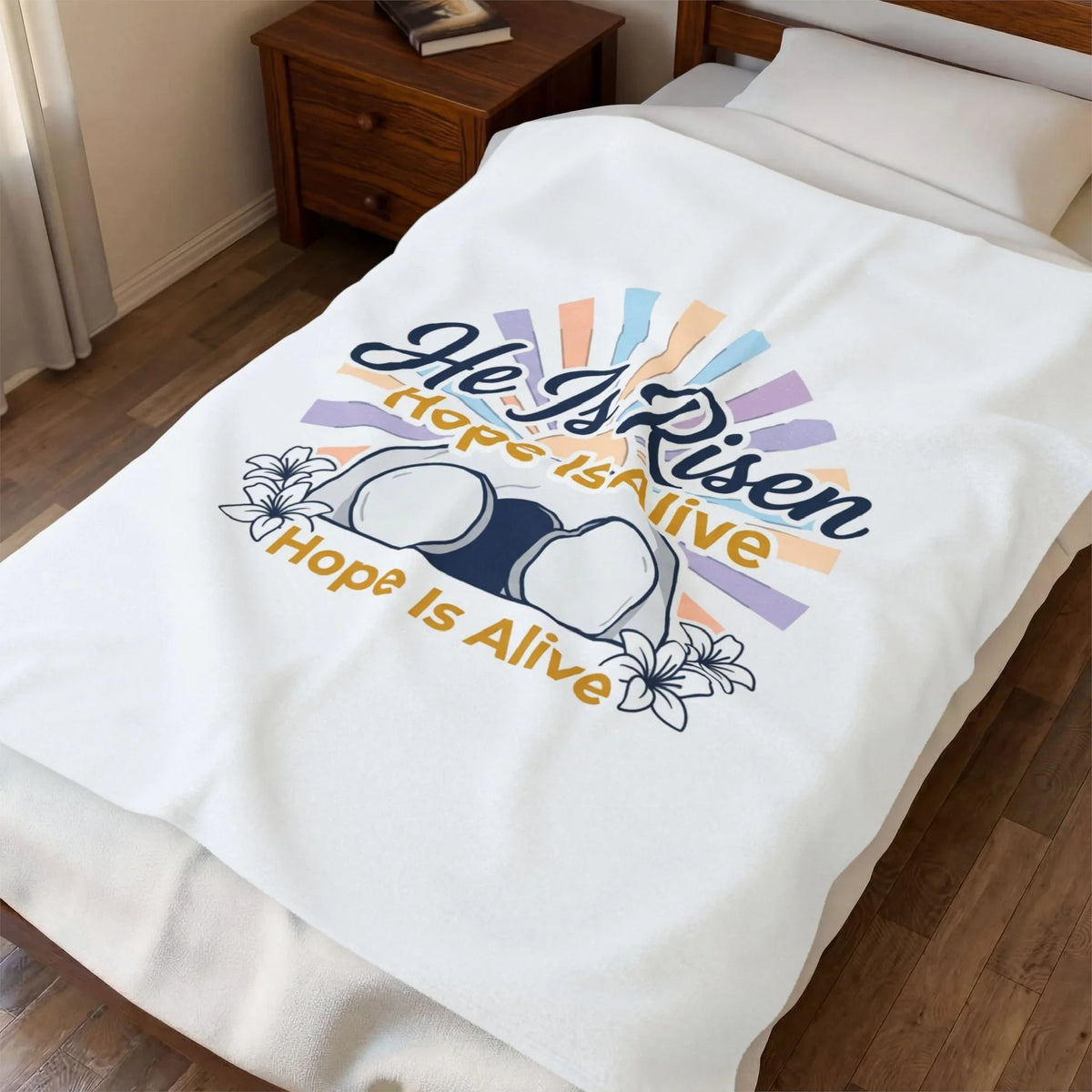 He Is Risen Velveteen Blanket | Hope Is Alive, Christian Easter Decor Printify