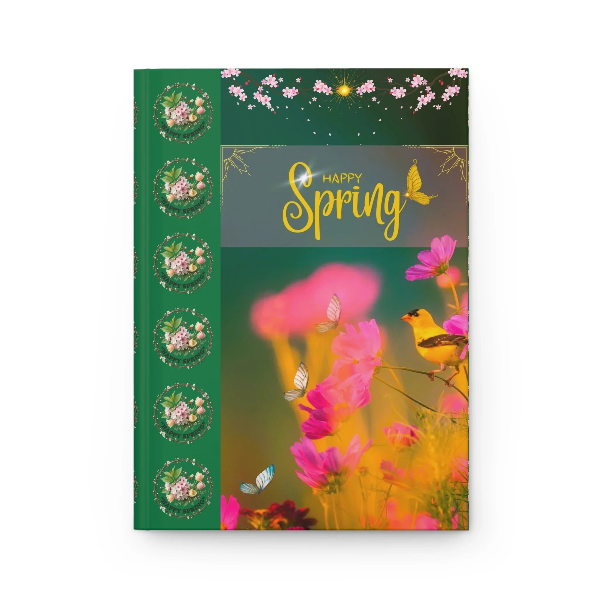 Happy Spring floral birds Hardcover Journal | spring flowers, butterflies, green cover Printify
