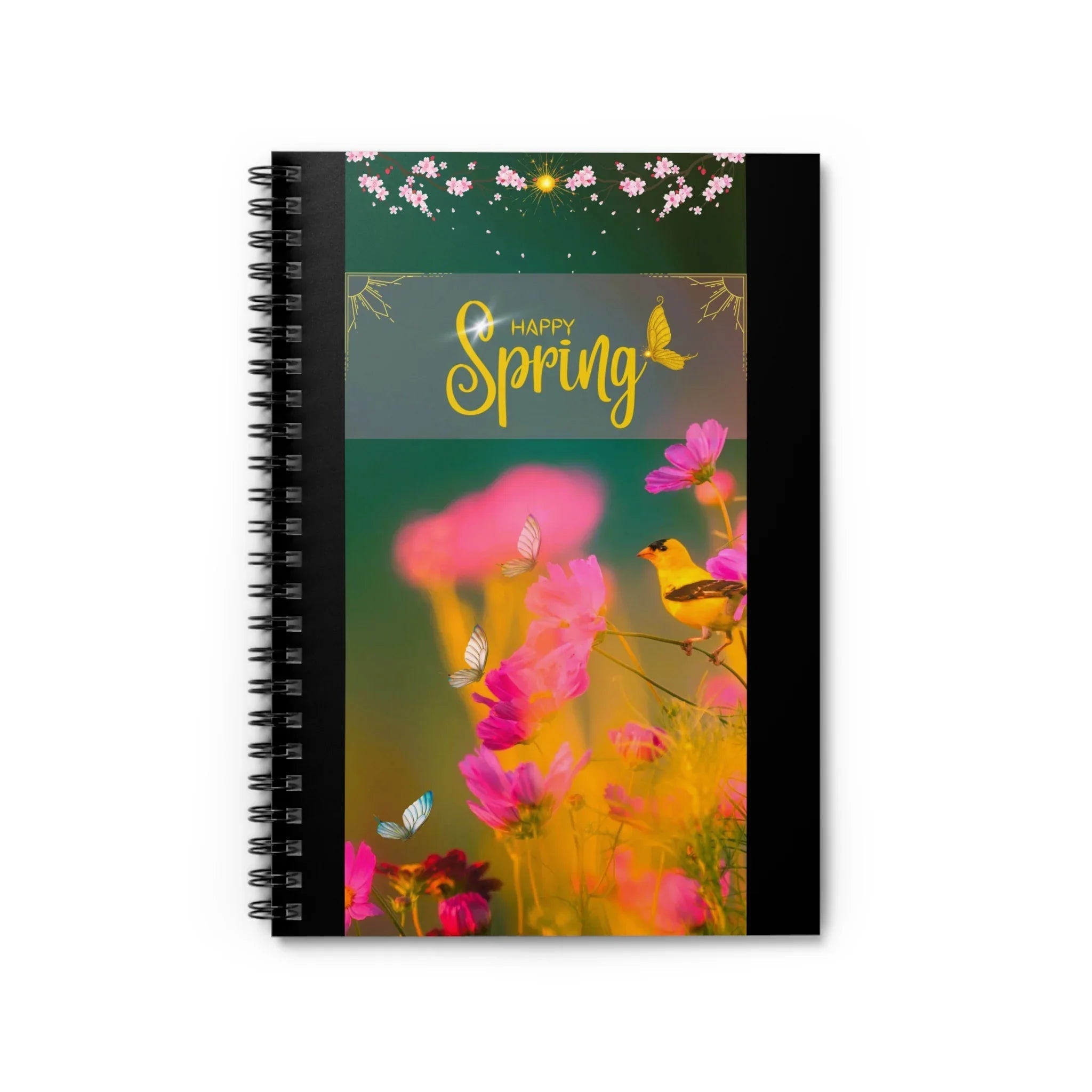 Happy Spring floral cover Spiral Notebook | Pink flowers, bird, butterflies Printify