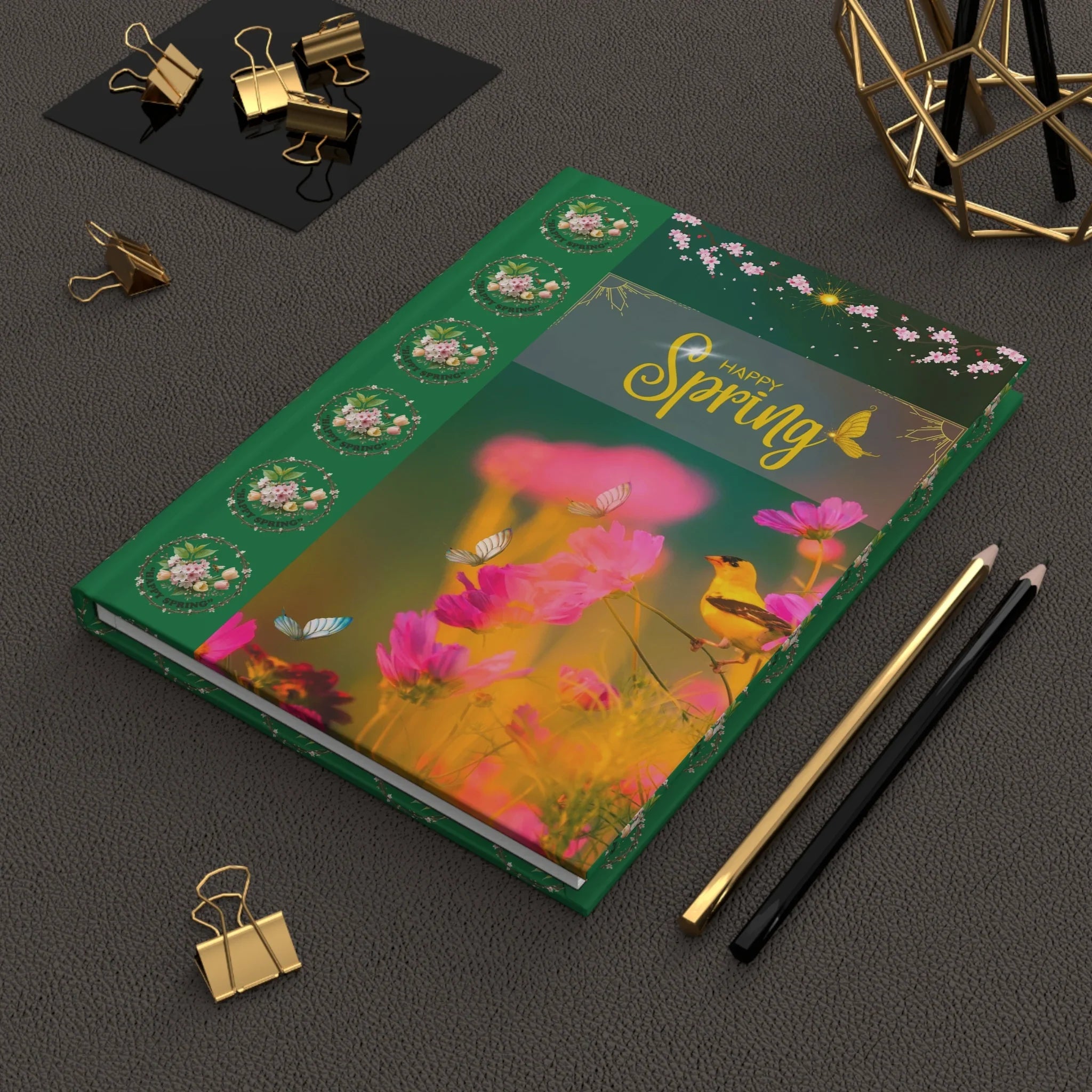 Happy Spring floral birds Hardcover Journal | spring flowers, butterflies, green cover Printify
