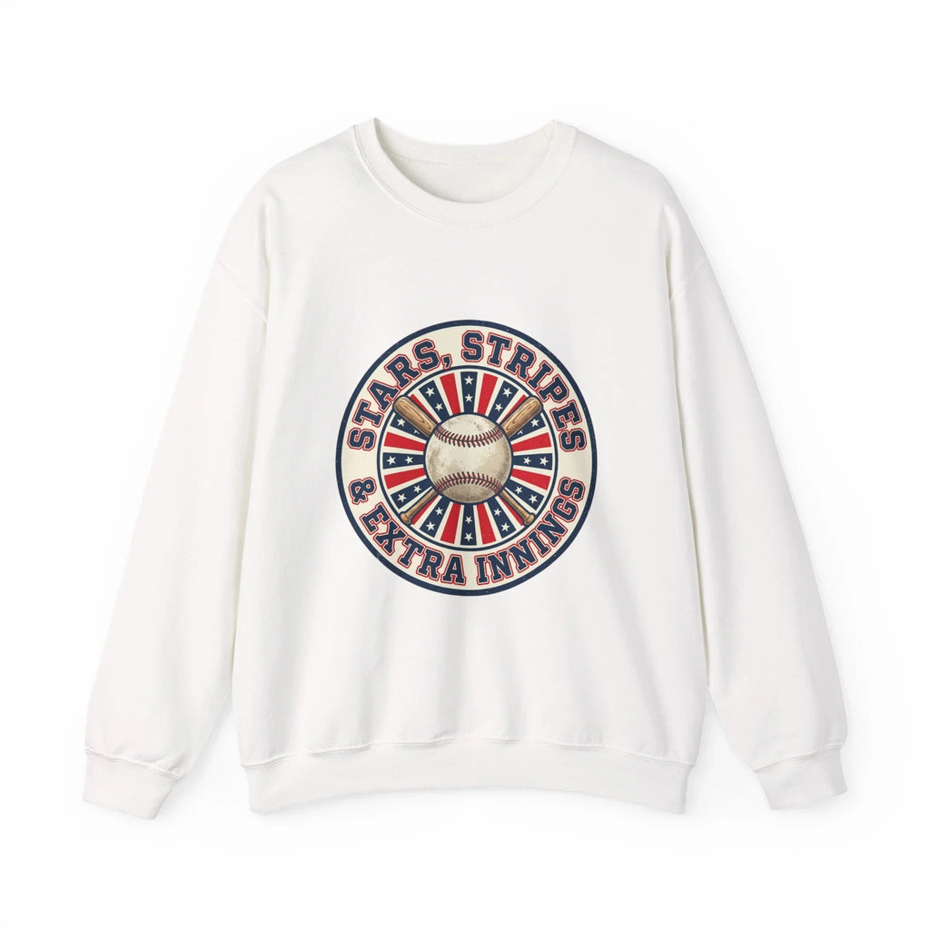 Stars & Stripes Baseball Crewneck Sweatshirt | Vintage patriotic baseball graphic, red white blue Printify