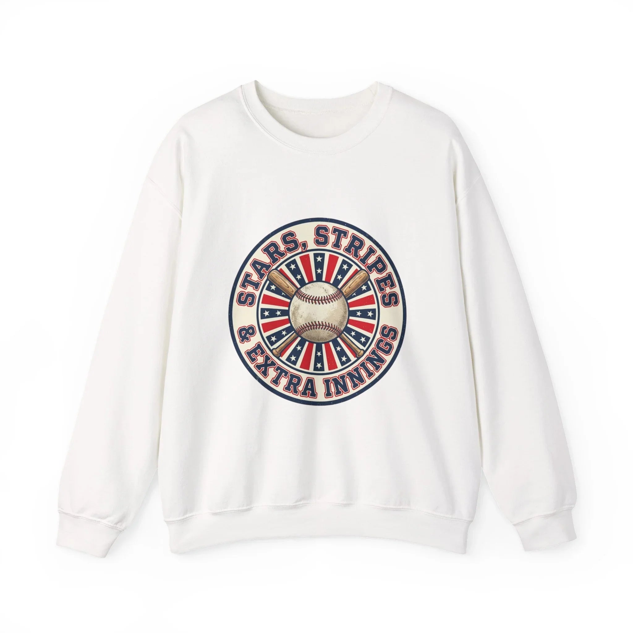 Stars & Stripes Baseball Crewneck Sweatshirt | Vintage patriotic baseball graphic, red white blue Printify