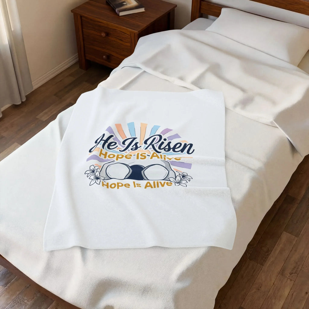 He Is Risen Velveteen Blanket | Hope Is Alive, Christian Easter Decor Printify
