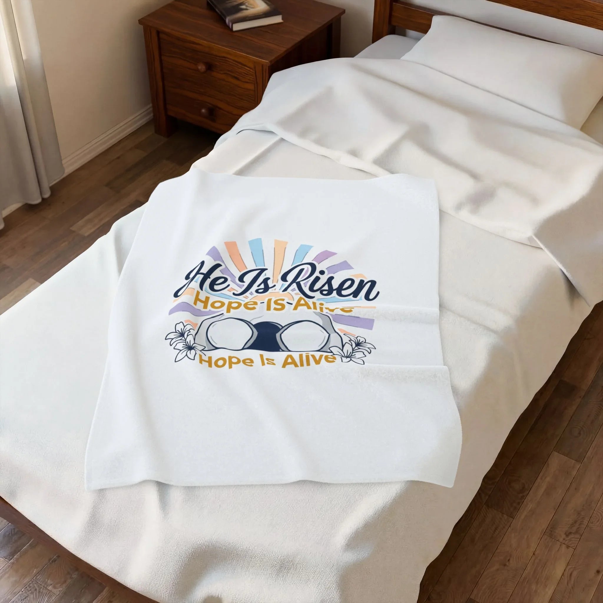 He Is Risen Velveteen Blanket | Hope Is Alive, Christian Easter Decor Printify