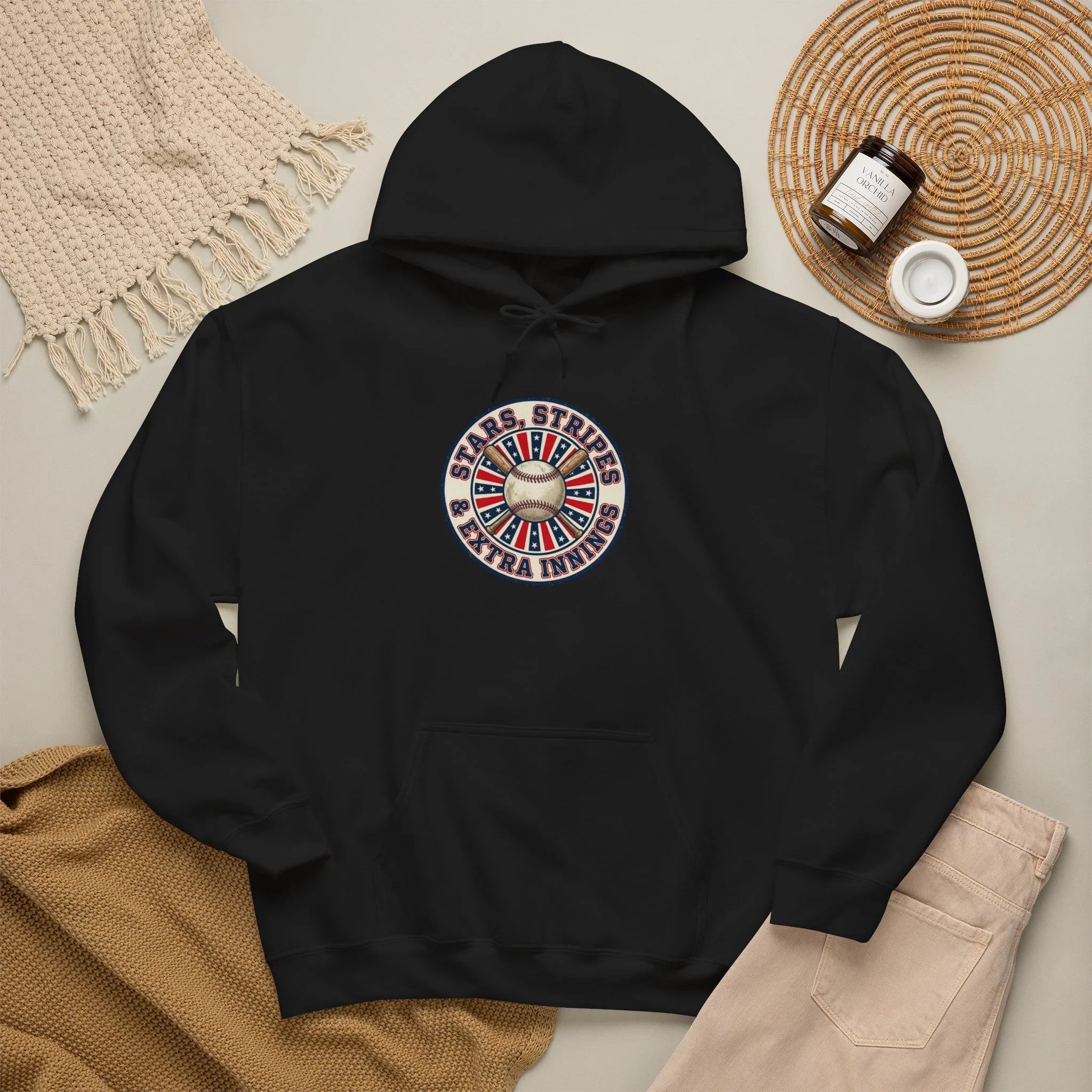 Patriotic Vintage Baseball Graphic Hoodie | red white blue ballpark aesthetic Printify