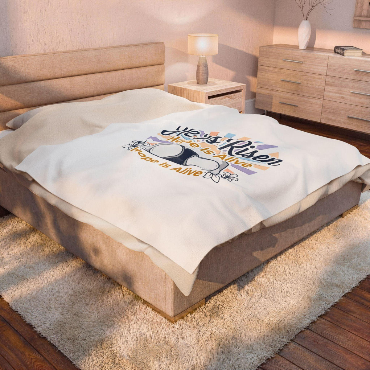 He Is Risen Velveteen Blanket | Hope Is Alive, Christian Easter Decor Printify