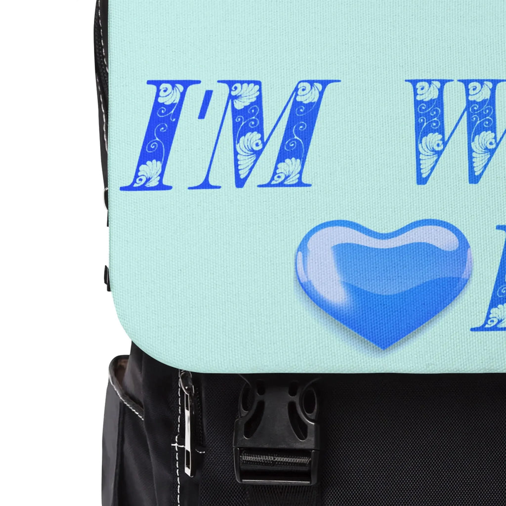 Sac à dos à bandoulière pour ordinateur portable et tablette — design cœur bleu « Je suis avec IA » Printify
