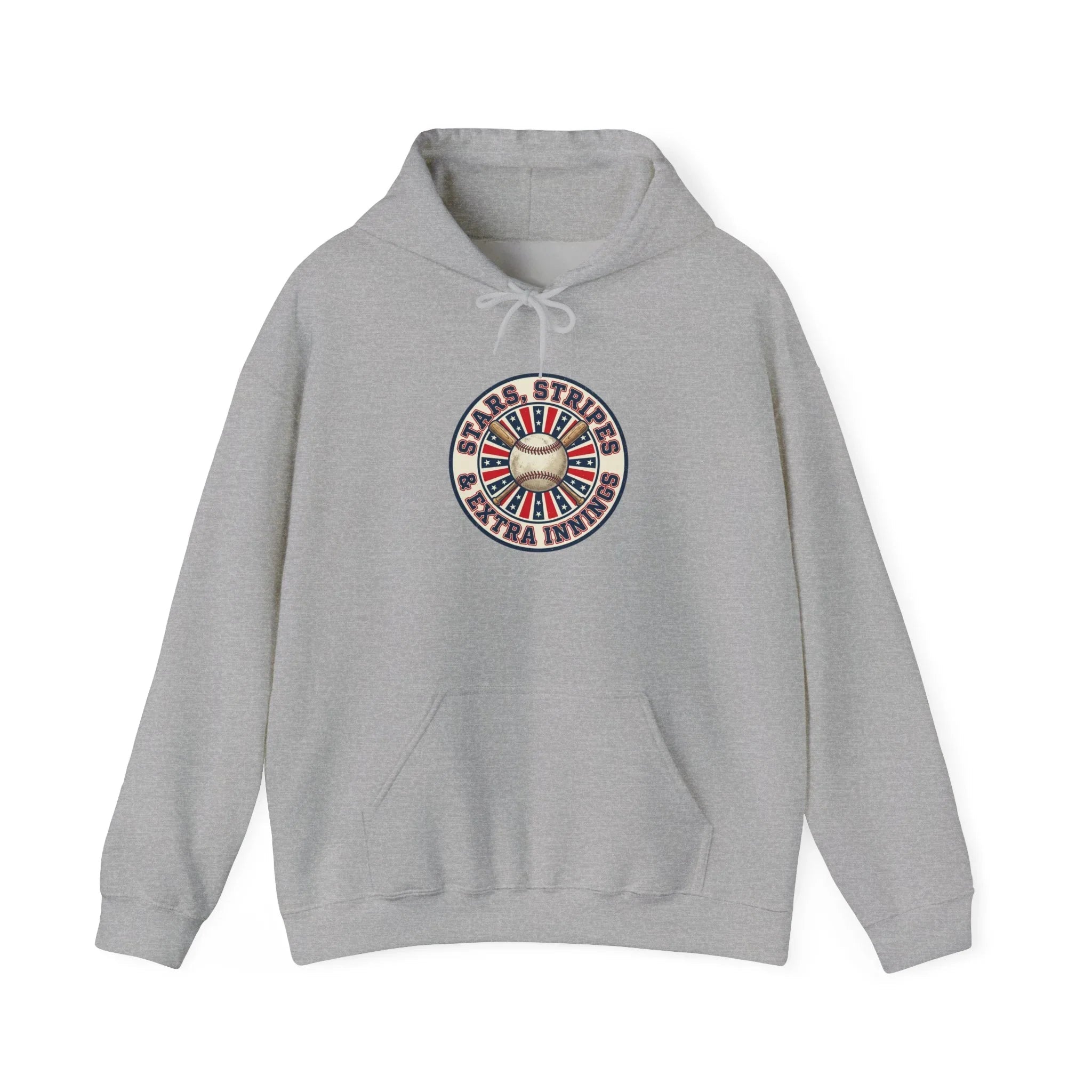 Patriotic Vintage Baseball Graphic Hoodie | red white blue ballpark aesthetic Printify