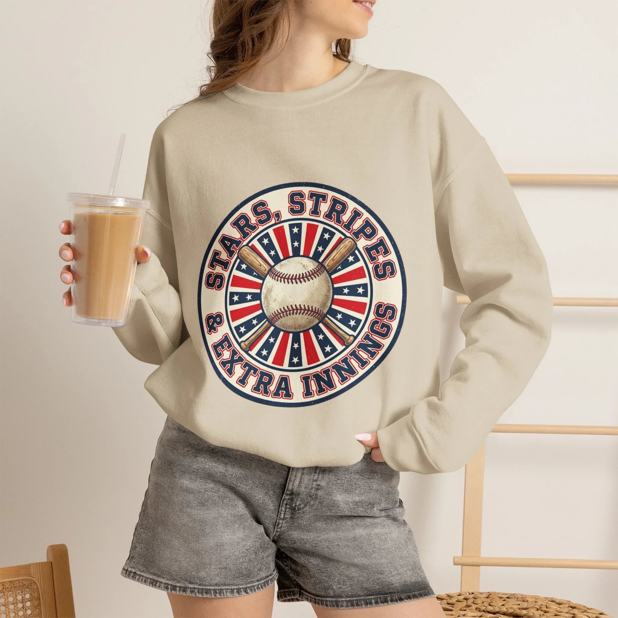 Stars & Stripes Baseball Crewneck Sweatshirt | Vintage patriotic baseball graphic, red white blue Printify
