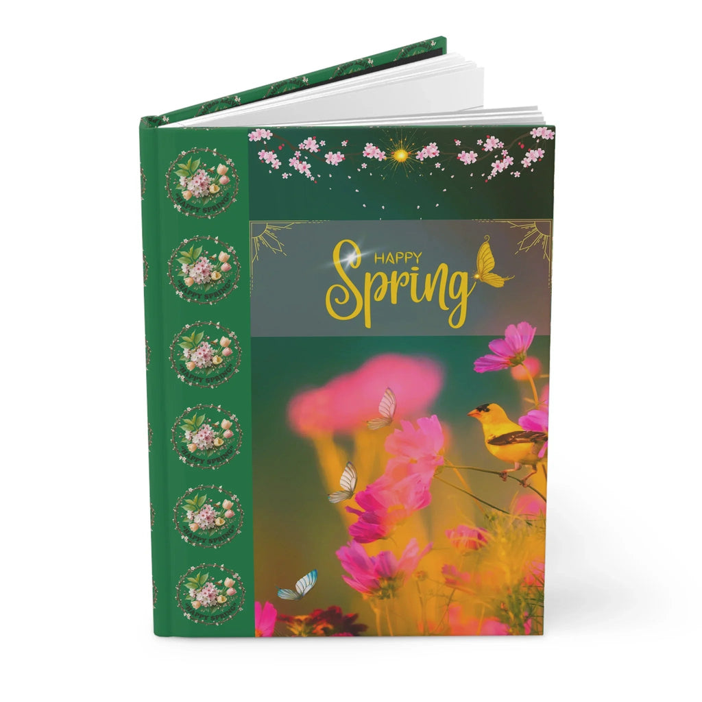 Happy Spring floral birds Hardcover Journal | spring flowers, butterflies, green cover Printify