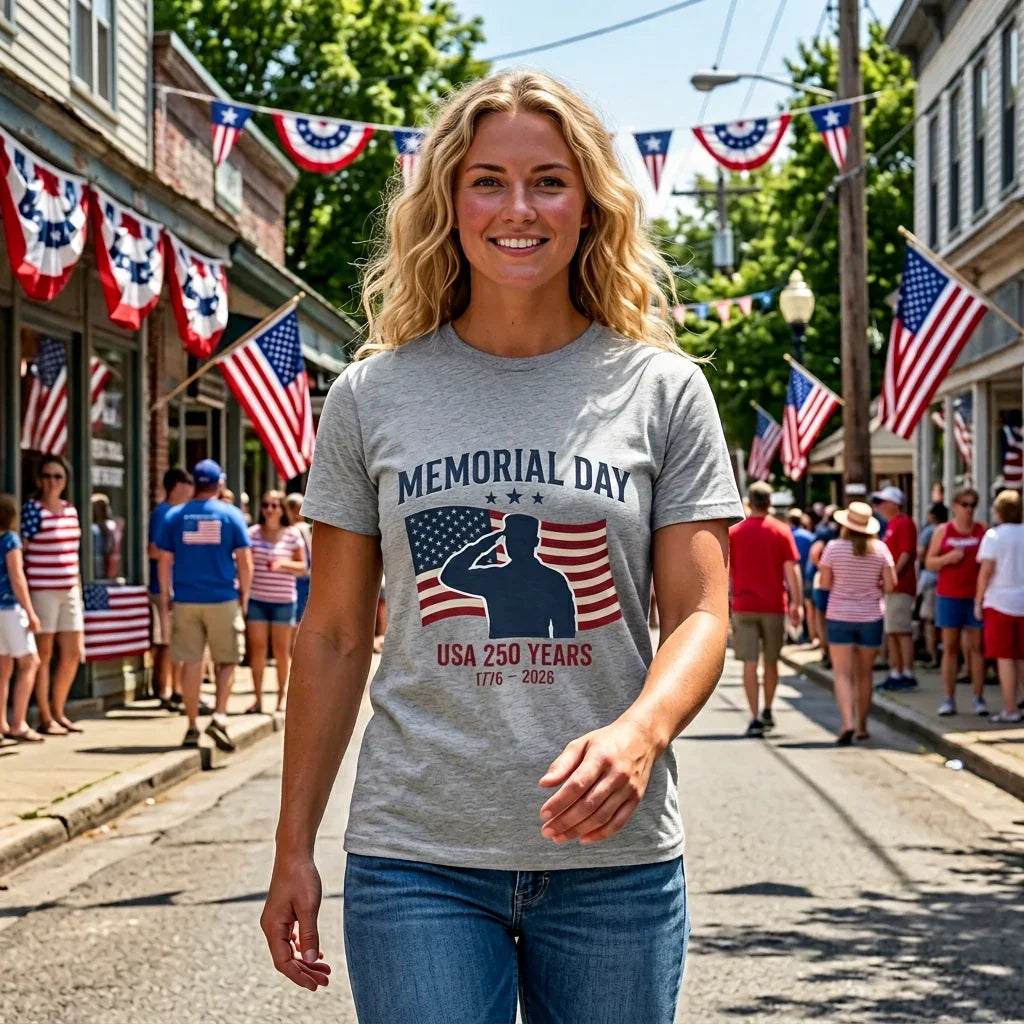 USA 250 Memorial Day Salute T-Shirt | Patriotic Flag Tribute Printify