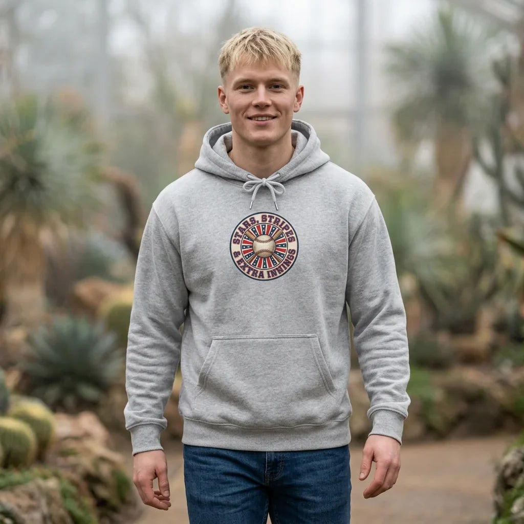 Patriotic Vintage Baseball Graphic Hoodie | red white blue ballpark aesthetic Printify