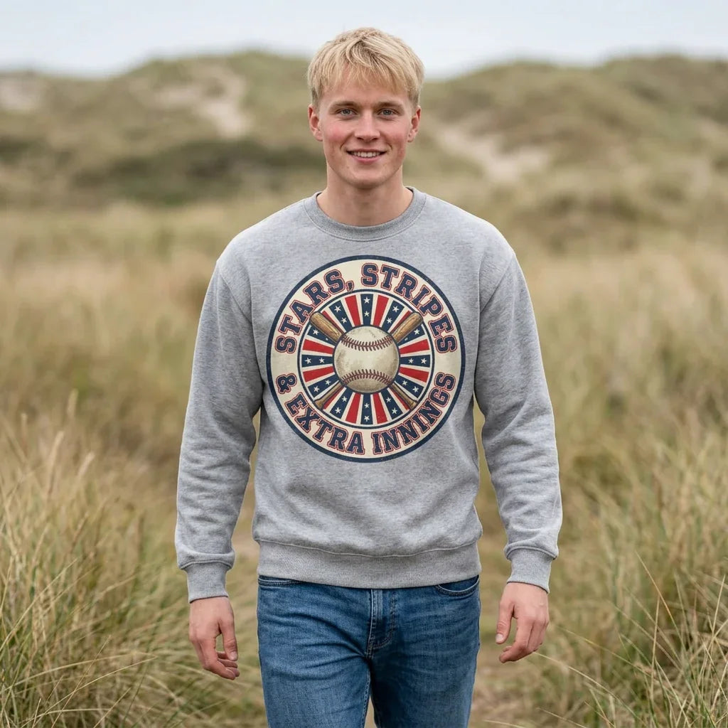 Stars & Stripes Baseball Crewneck Sweatshirt | Vintage patriotic baseball graphic, red white blue Printify