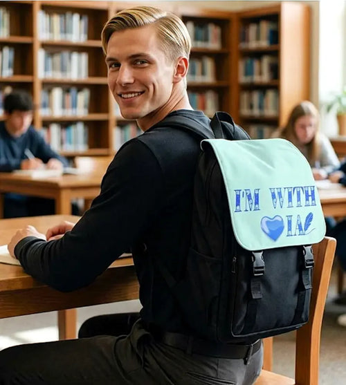 Sac à dos à bandoulière pour ordinateur portable et tablette — design cœur bleu « Je suis avec IA » Printify