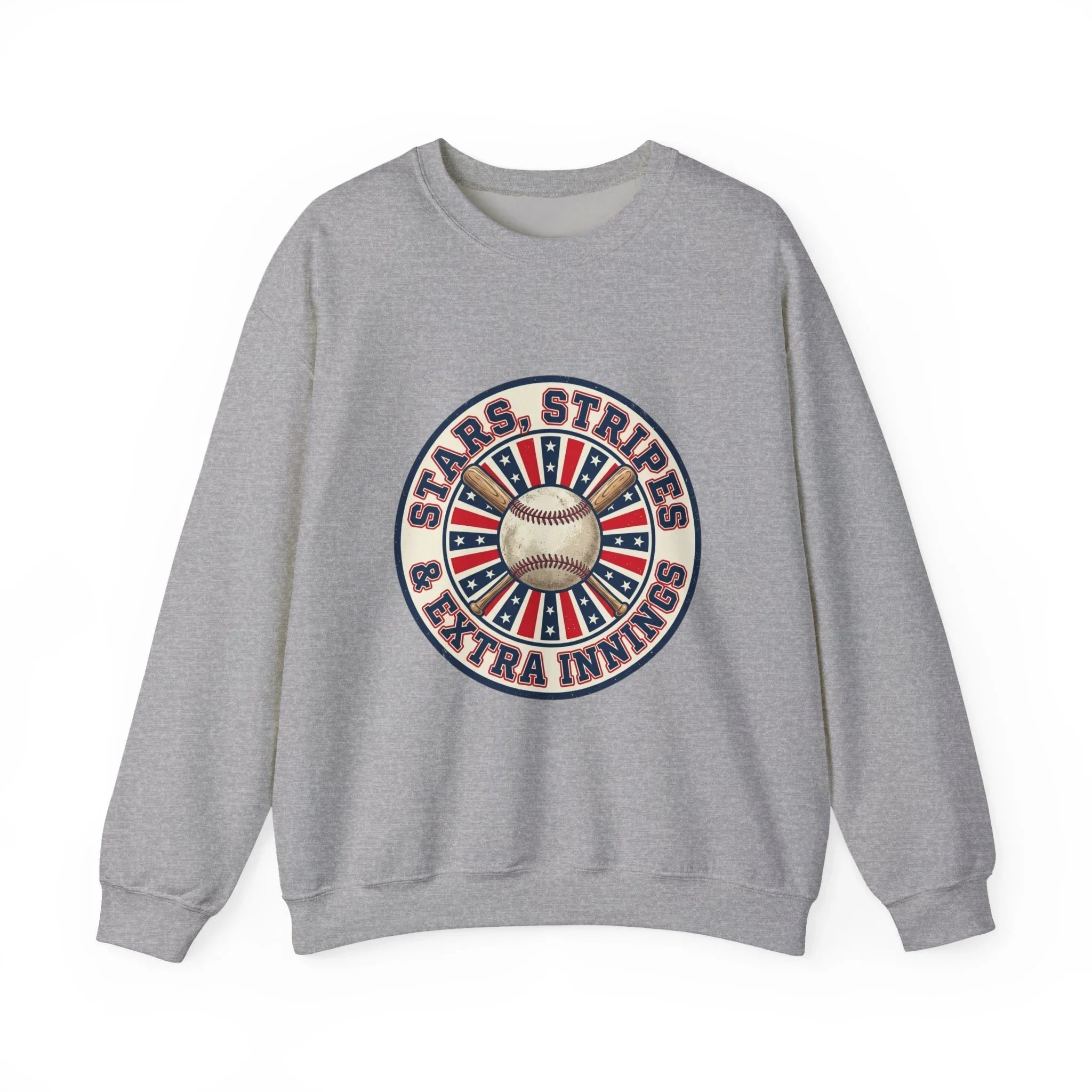 Stars & Stripes Baseball Crewneck Sweatshirt | Vintage patriotic baseball graphic, red white blue Printify
