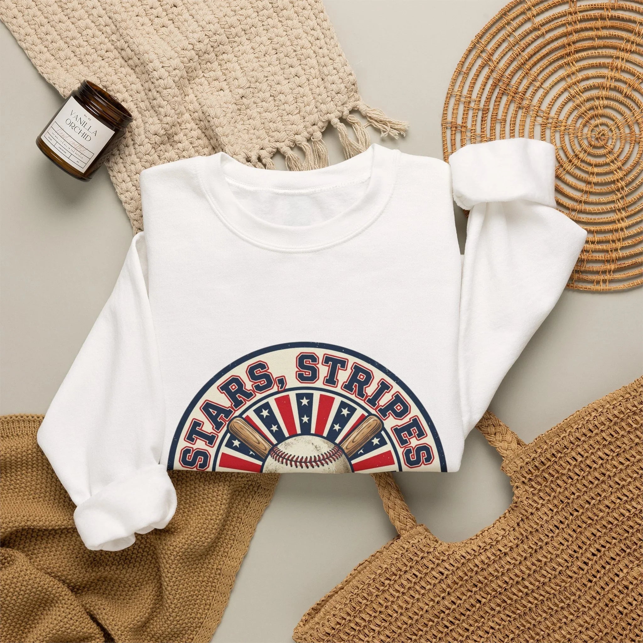 Stars & Stripes Baseball Crewneck Sweatshirt | Vintage patriotic baseball graphic, red white blue Printify