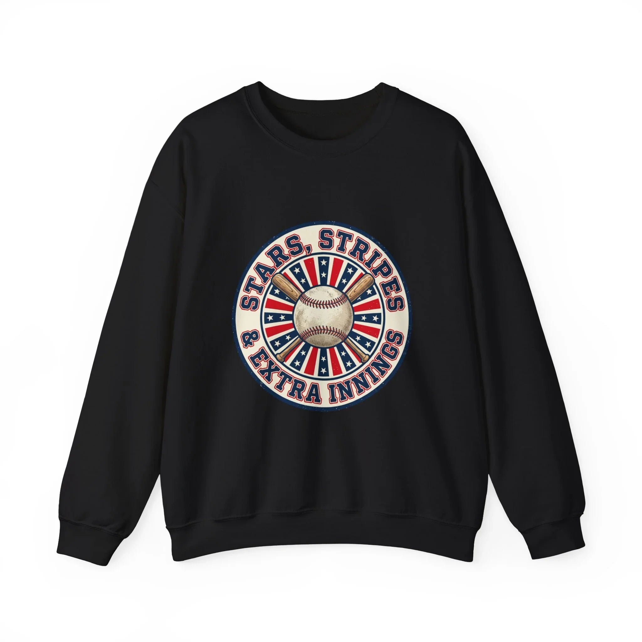Stars & Stripes Baseball Crewneck Sweatshirt | Vintage patriotic baseball graphic, red white blue Printify