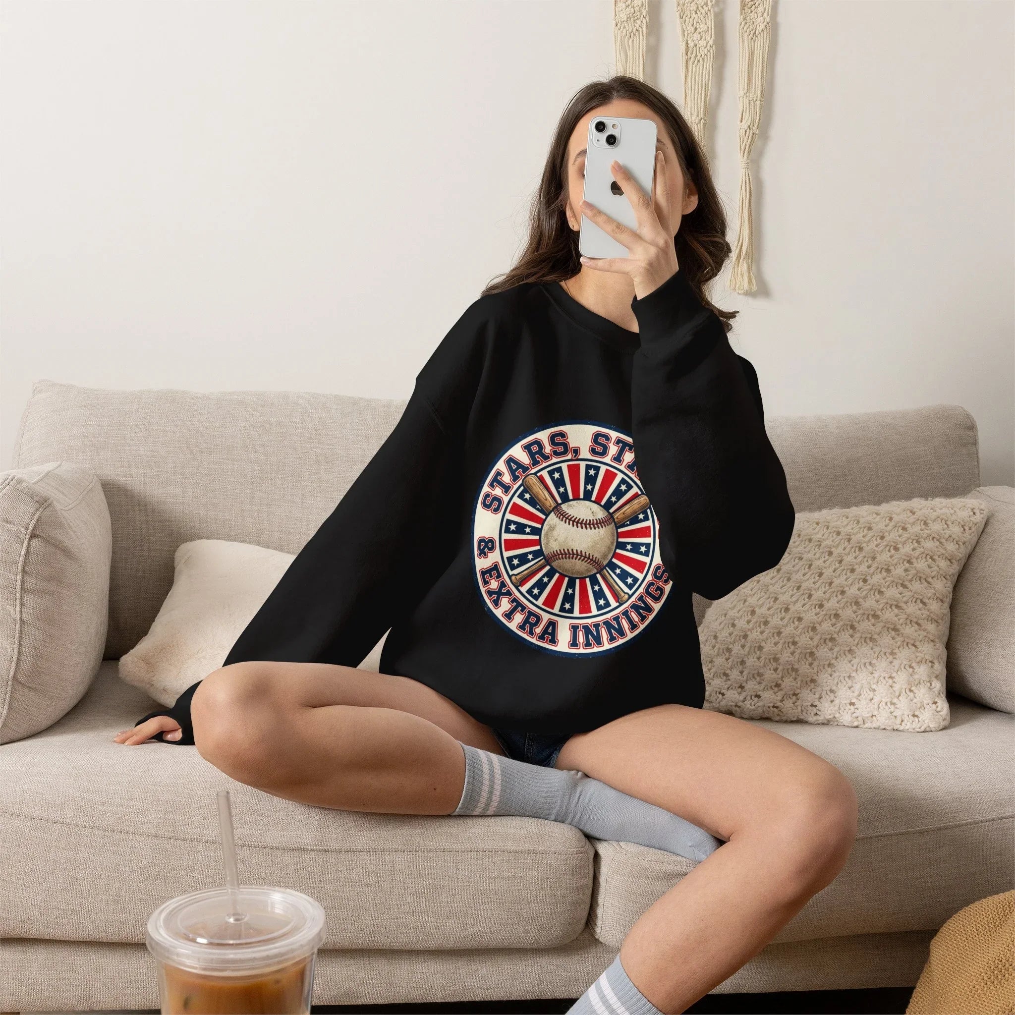 Stars & Stripes Baseball Crewneck Sweatshirt | Vintage patriotic baseball graphic, red white blue Printify