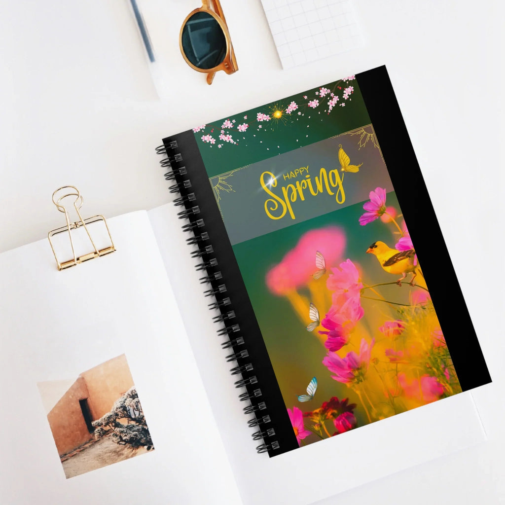 Happy Spring floral cover Spiral Notebook | Pink flowers, bird, butterflies Printify