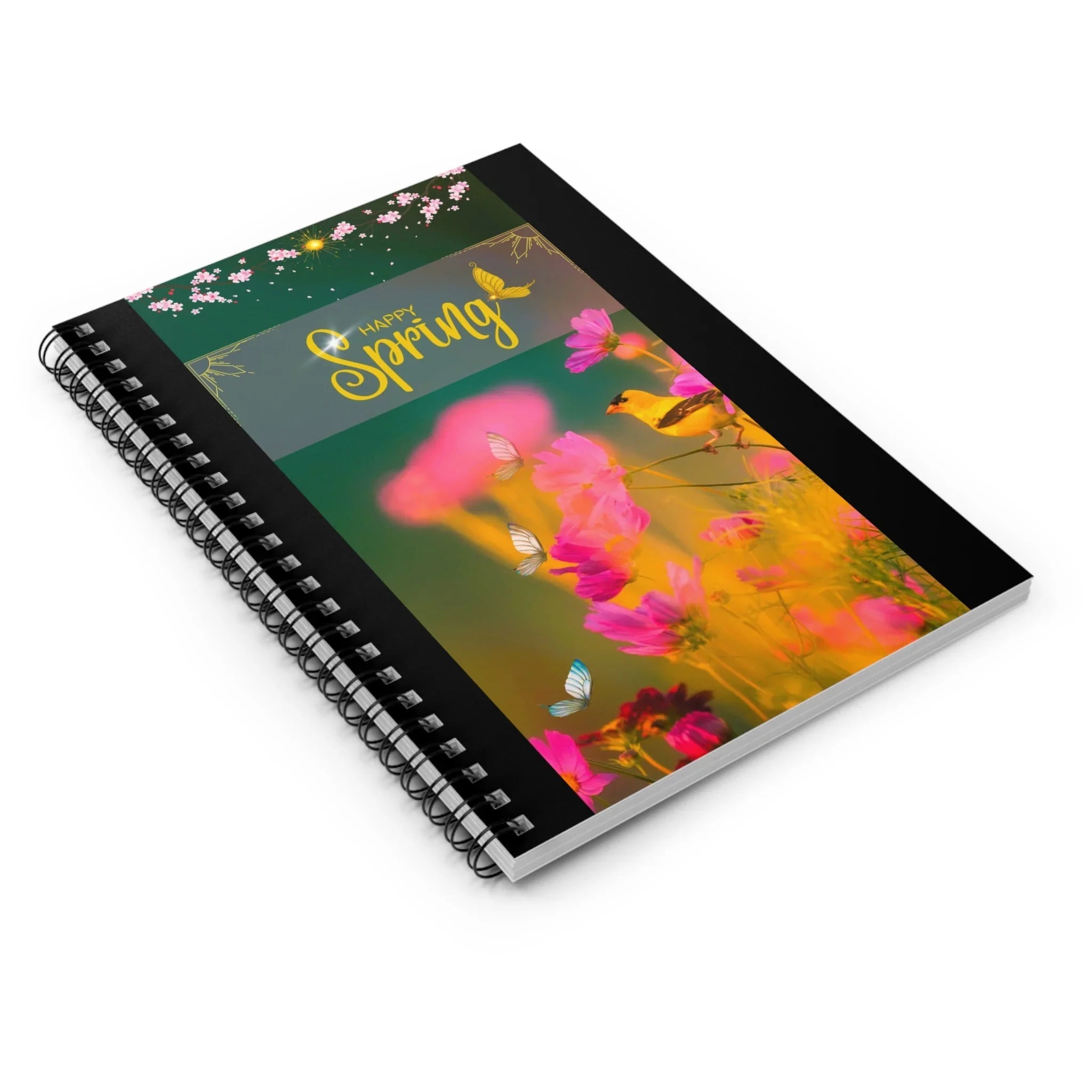 Happy Spring floral cover Spiral Notebook | Pink flowers, bird, butterflies Printify