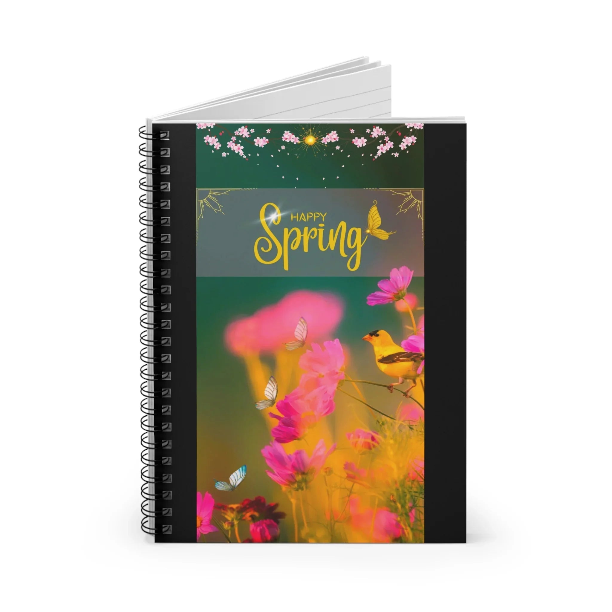 Happy Spring floral cover Spiral Notebook | Pink flowers, bird, butterflies Printify