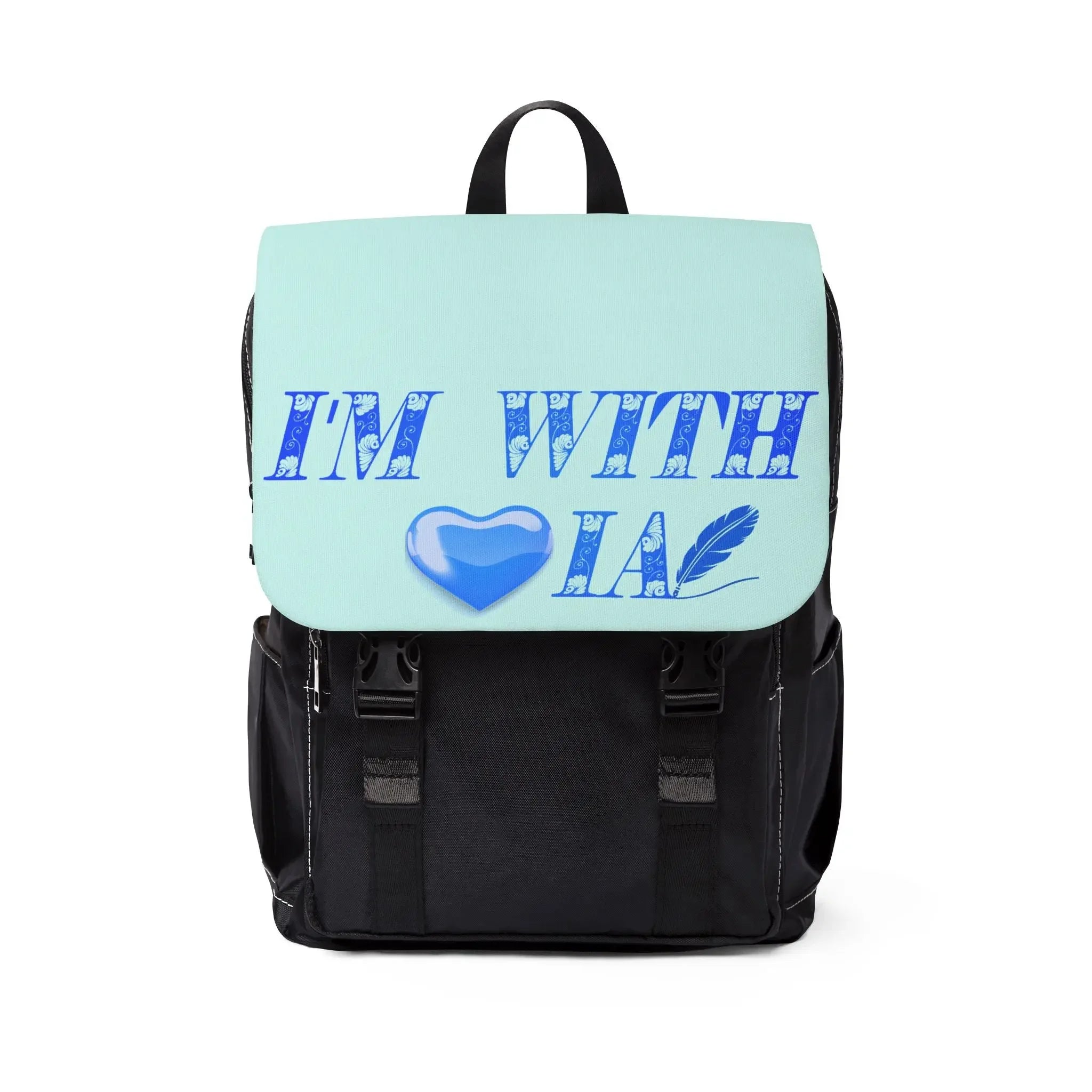 Sac à dos à bandoulière pour ordinateur portable et tablette — design cœur bleu « Je suis avec IA » Printify