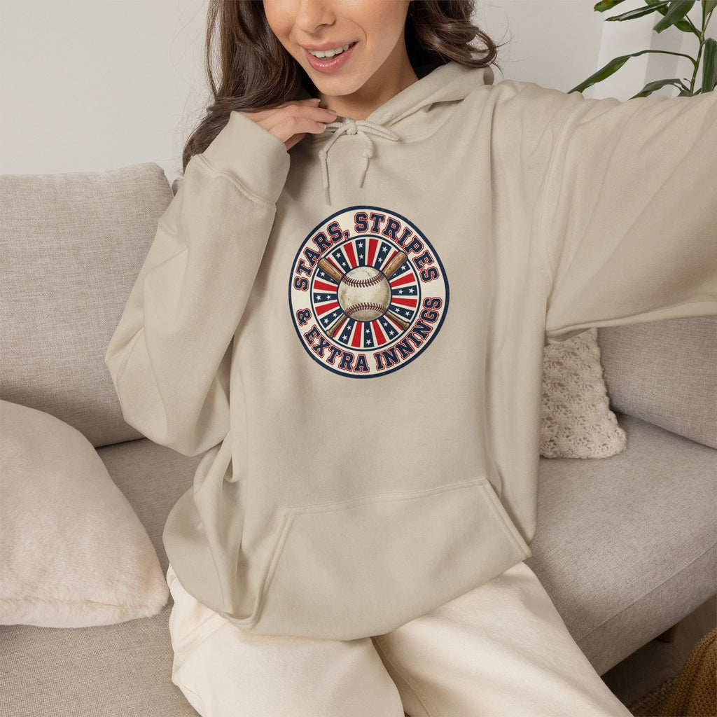 Patriotic Vintage Baseball Graphic Hoodie | red white blue ballpark aesthetic Printify