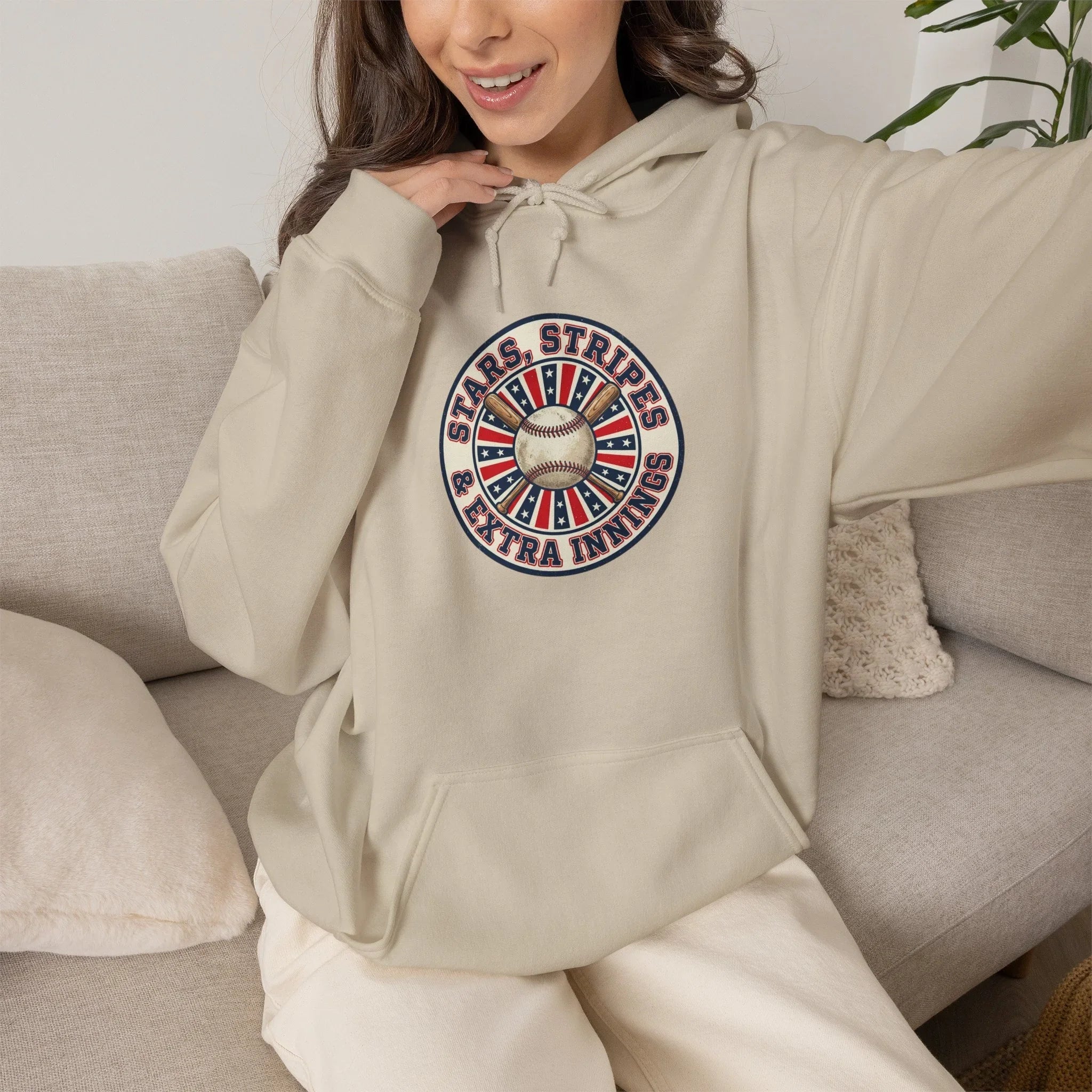 Patriotic Vintage Baseball Graphic Hoodie | red white blue ballpark aesthetic Printify