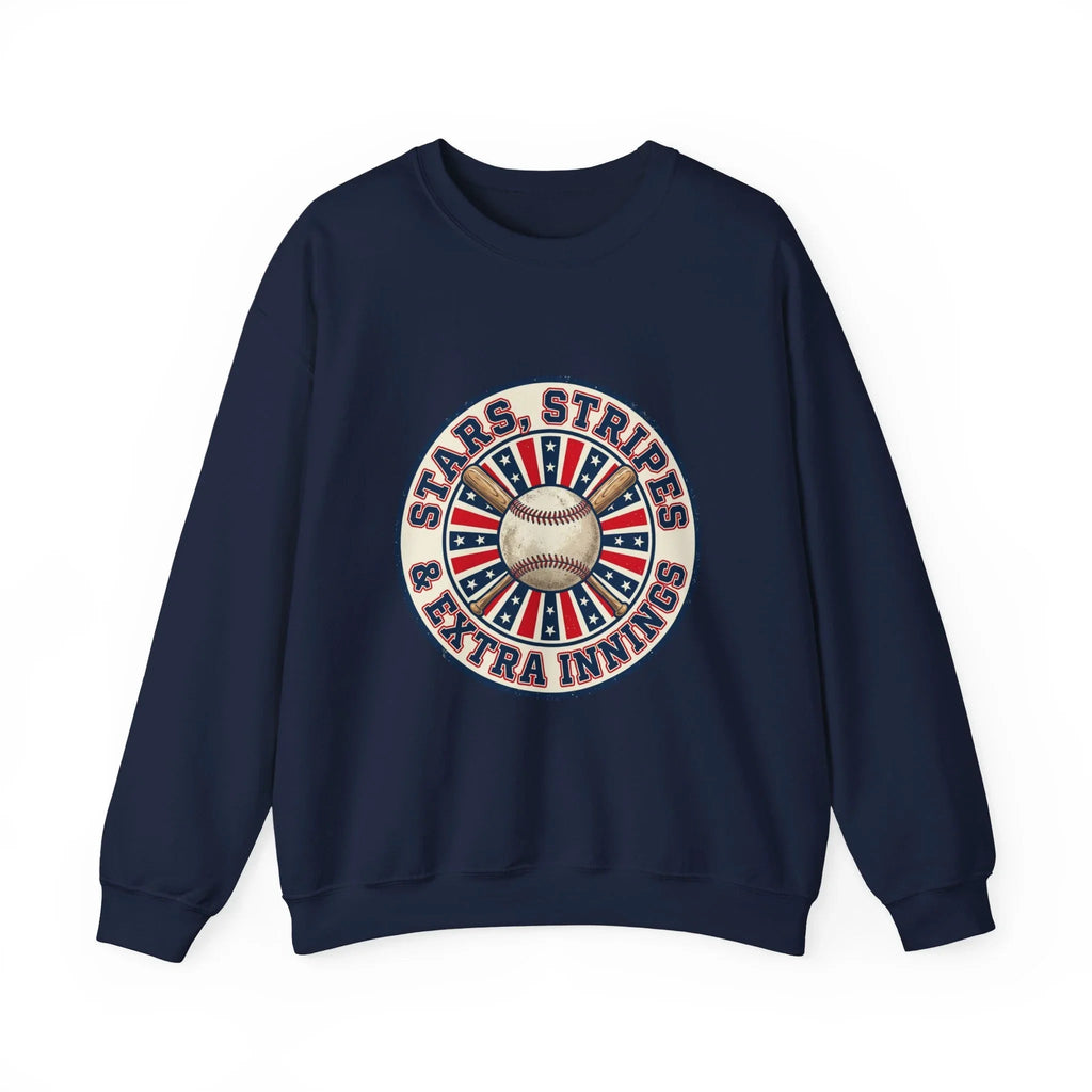 Stars & Stripes Baseball Crewneck Sweatshirt | Vintage patriotic baseball graphic, red white blue Printify