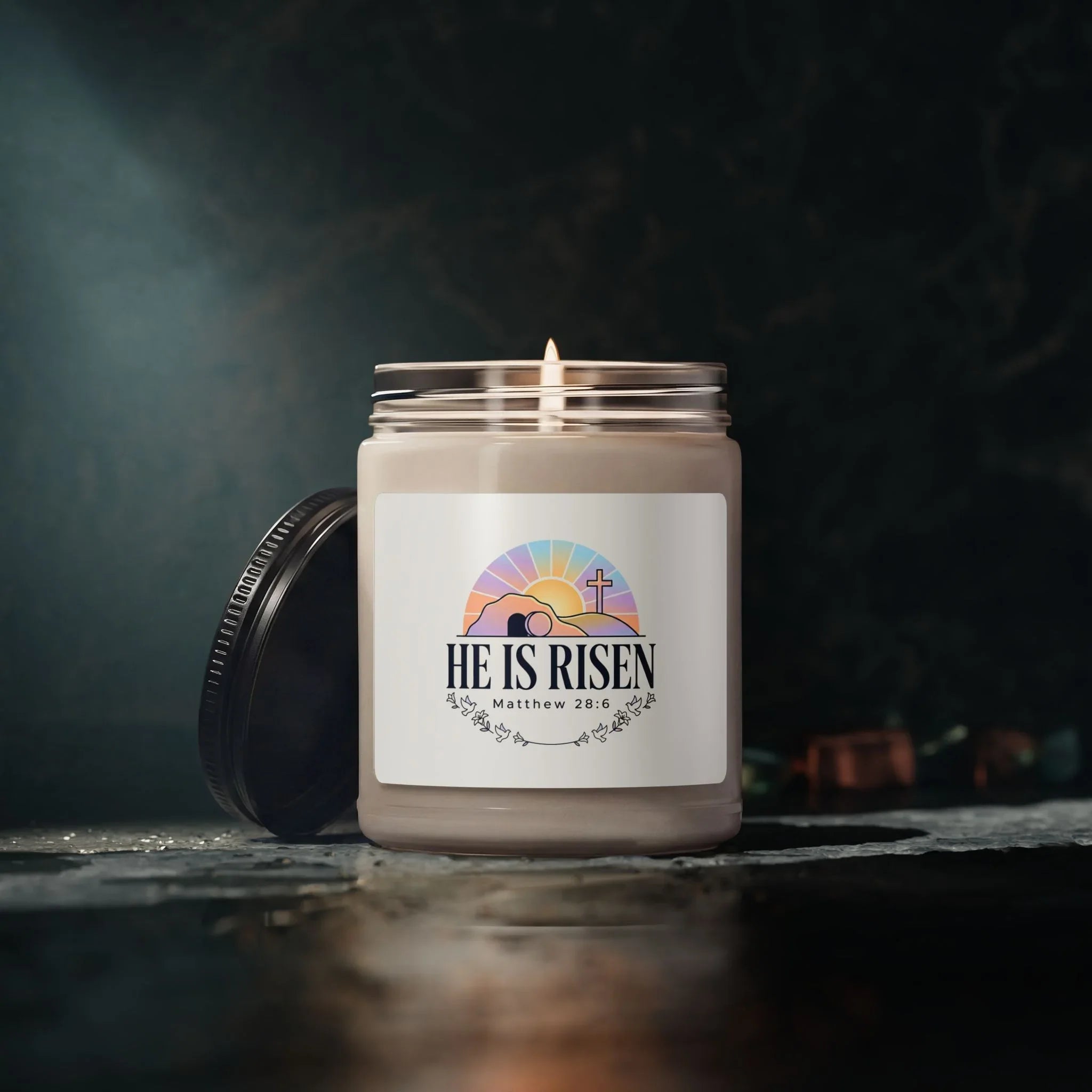He Is Risen Soy Candle, 9oz | Christian Easter, Resurrection Scripture Printify